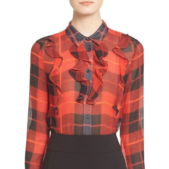 Kate Spade plaid ruffled semi-sheer blouse red black plaid size 4 - Picture 3 of 10
